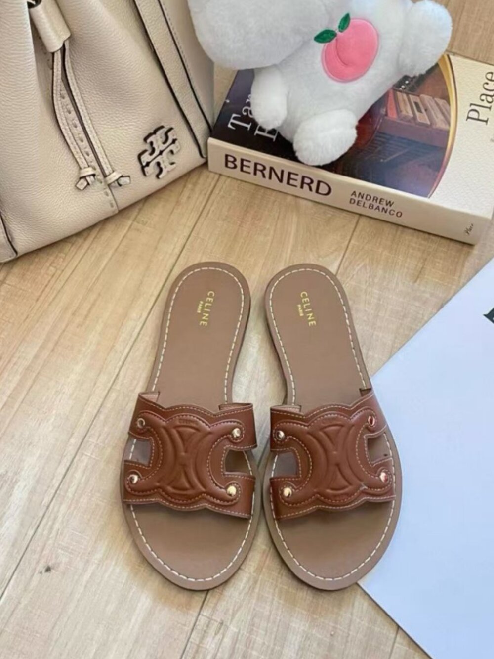 Celine Smooth Calfskin Triomphe Logo Flat Slip On Mules